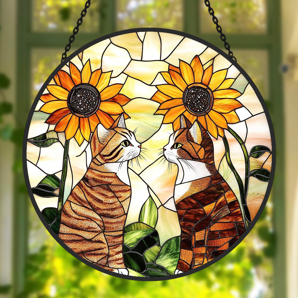 Sunflower cats stained glass suncatcher window hanging, suitable for home and garden decoration