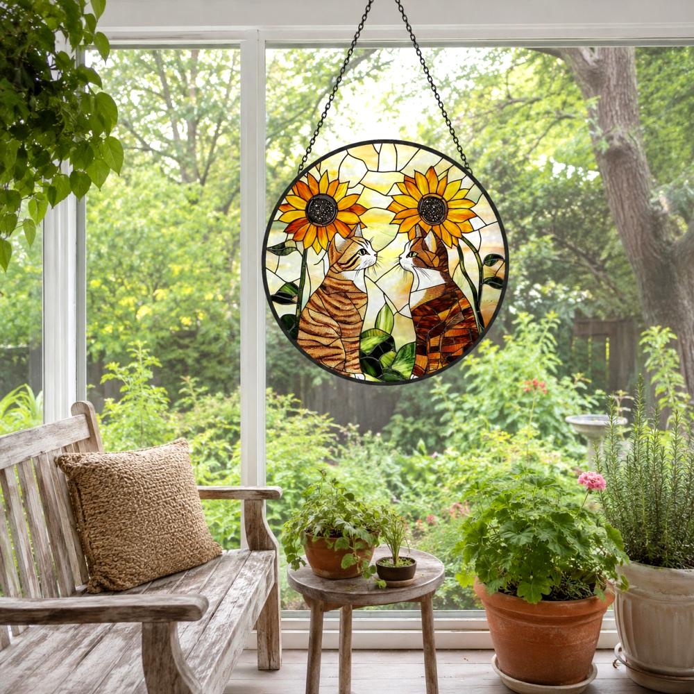 Sunflower cats stained glass suncatcher window hanging, suitable for home and garden decoration