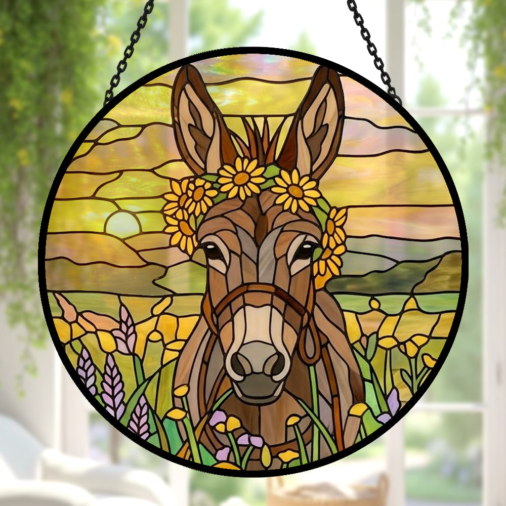 Sunflower crown donkey stained glass suncatcher window hanging, suitable for home and garden decoration