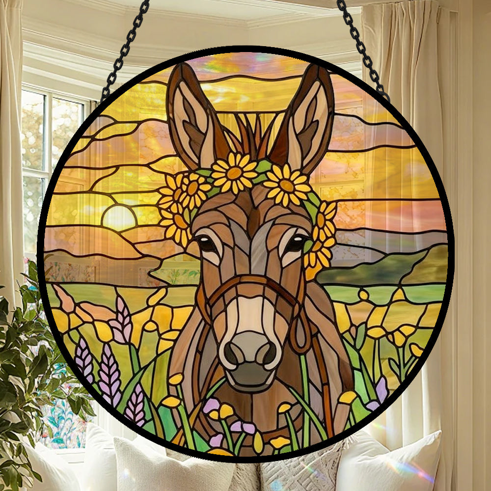 Sunflower crown donkey stained glass suncatcher window hanging, suitable for home and garden decoration