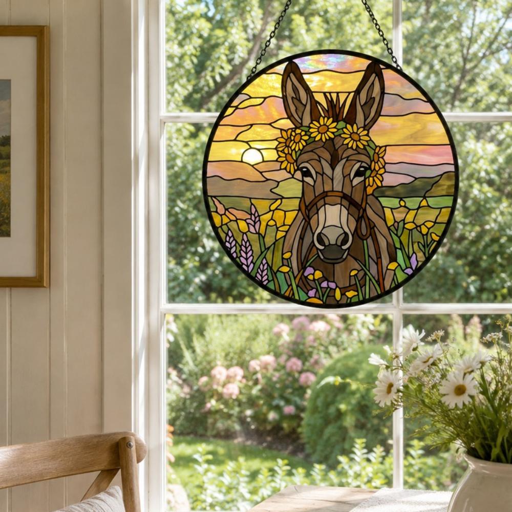 Sunflower crown donkey stained glass suncatcher window hanging, suitable for home and garden decoration