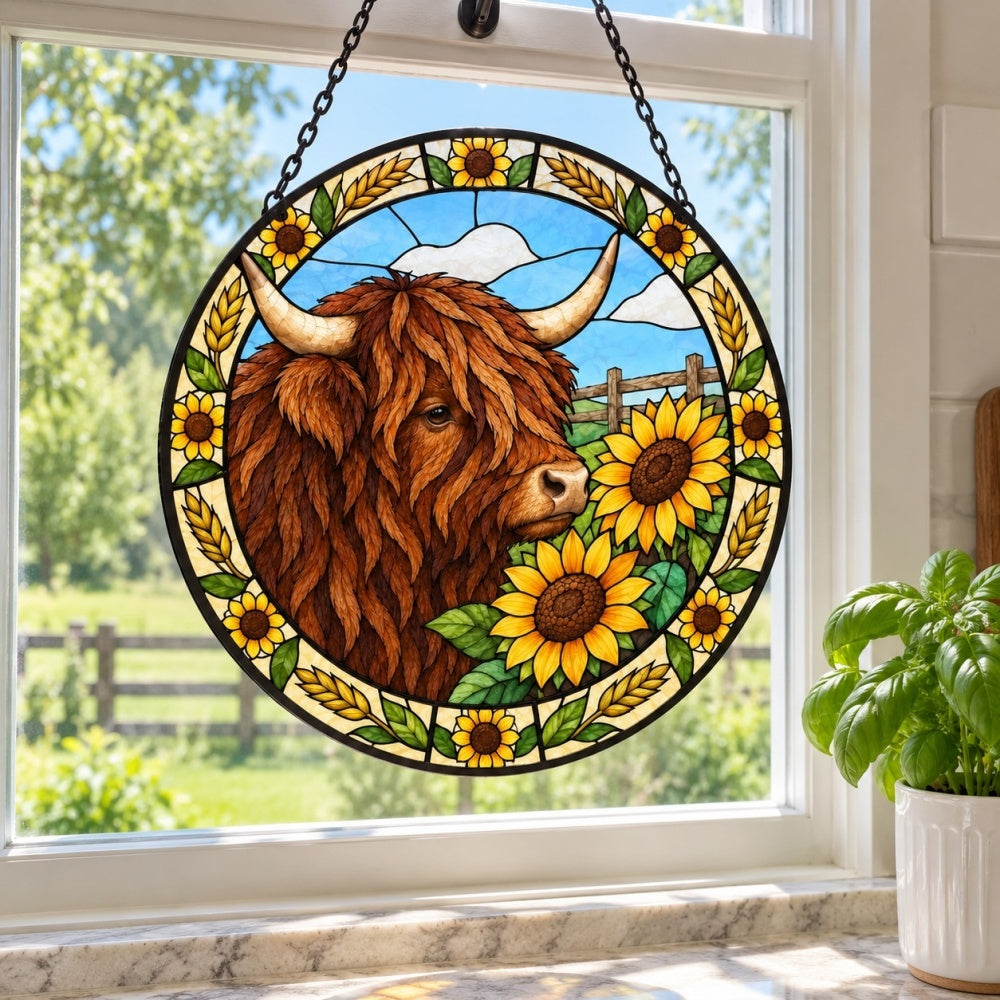 Sunflower highland cattle stained glass suncatcher window hanging, suitable for home and garden decoration