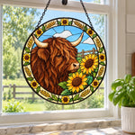 Sunflower highland cattle stained glass suncatcher window hanging, suitable for home and garden decoration