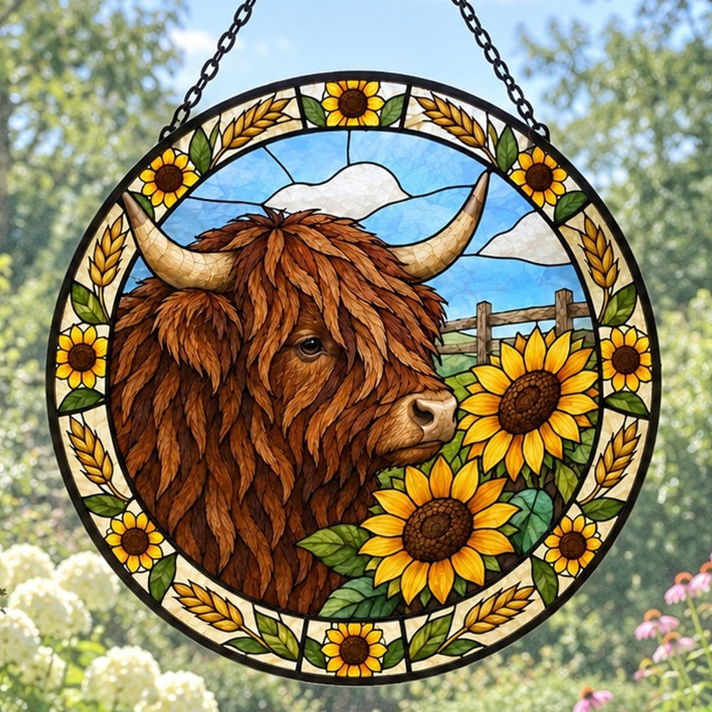 Sunflower highland cattle stained glass suncatcher window hanging, suitable for home and garden decoration