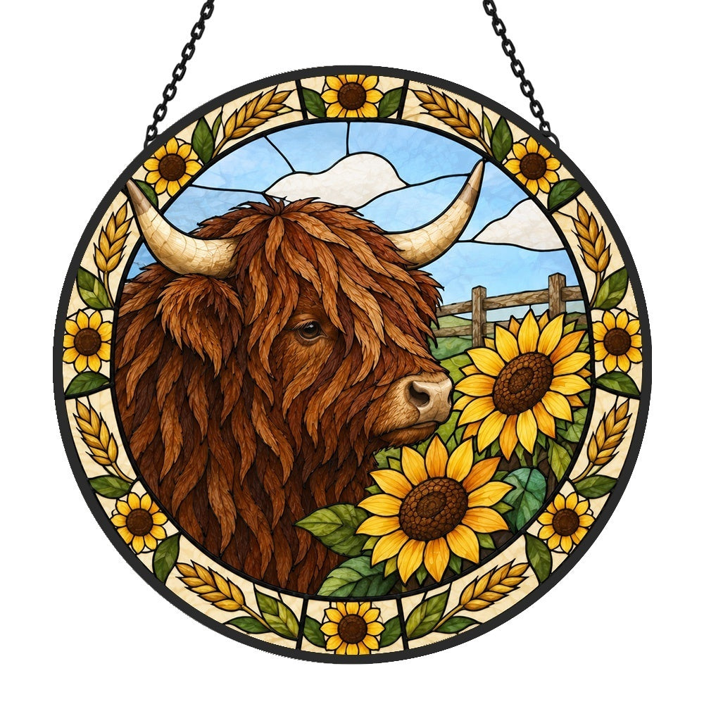 Sunflower highland cattle stained glass suncatcher window hanging, suitable for home and garden decoration