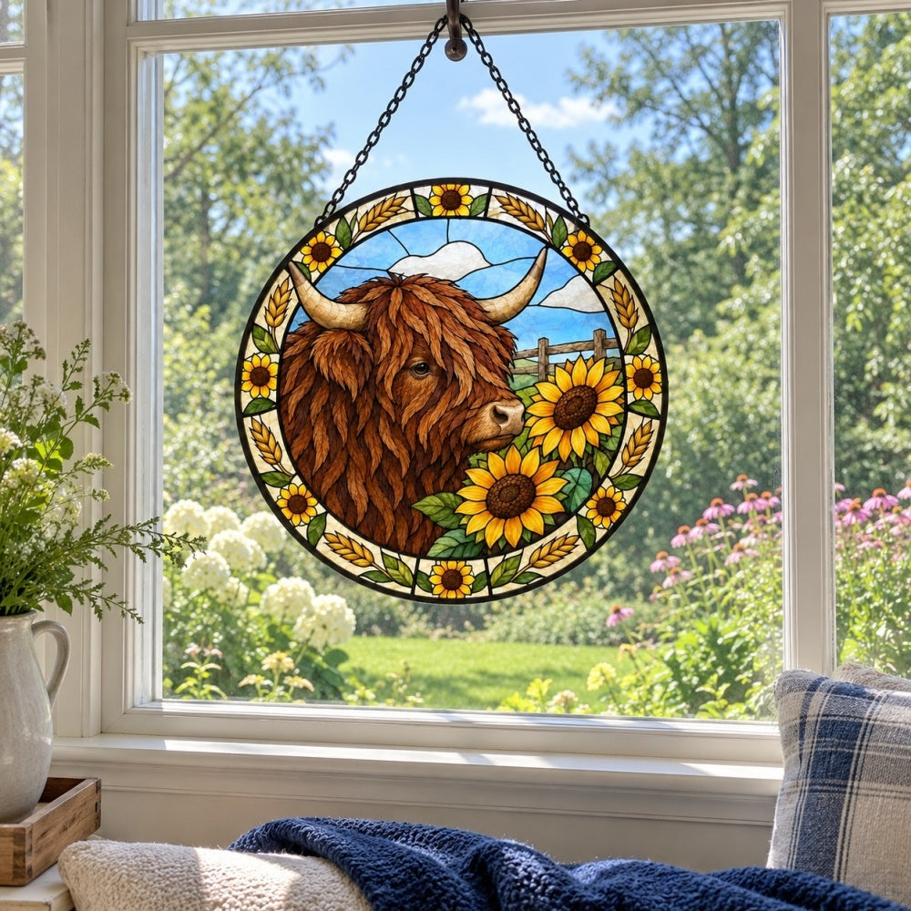 Sunflower highland cattle stained glass suncatcher window hanging, suitable for home and garden decoration