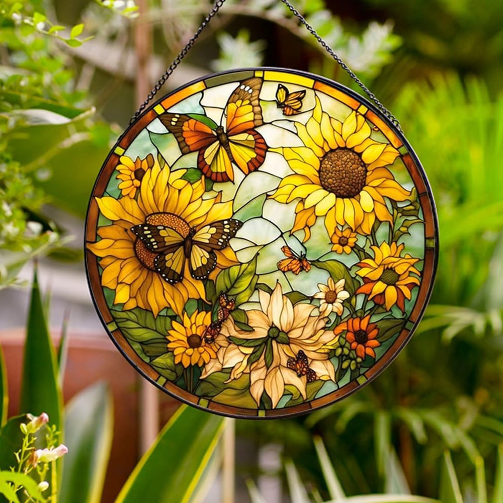 Sunflower monarch butterfly stained glass suncatcher window hanging, suitable for home and garden decoration