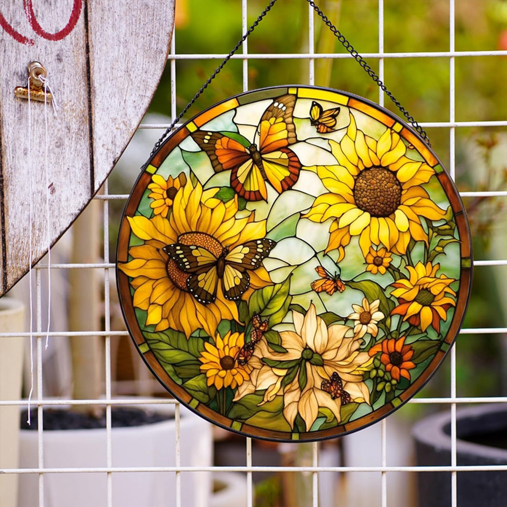 Sunflower monarch butterfly stained glass suncatcher window hanging, suitable for home and garden decoration