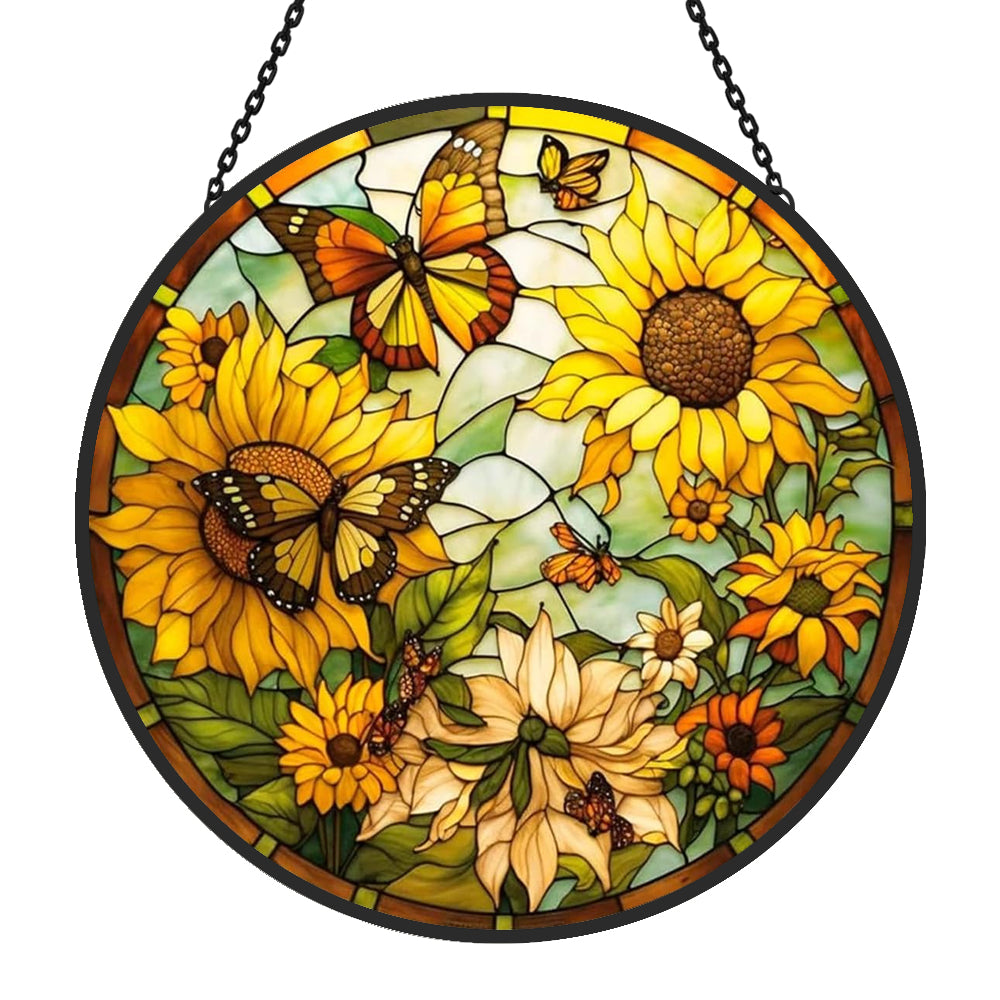 Sunflower monarch butterfly stained glass suncatcher window hanging, suitable for home and garden decoration