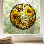 Sunflower monarch butterfly stained glass suncatcher window hanging, suitable for home and garden decoration