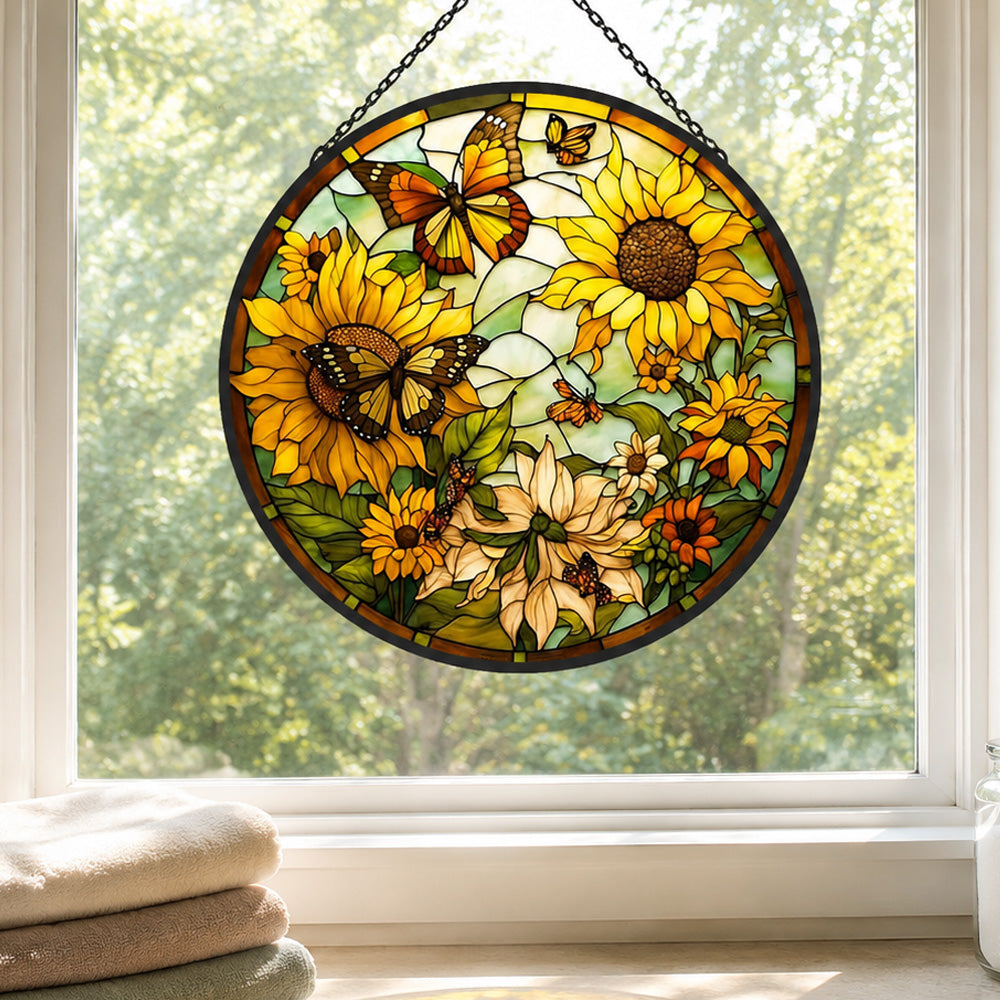 Sunflower monarch butterfly stained glass suncatcher window hanging, suitable for home and garden decoration