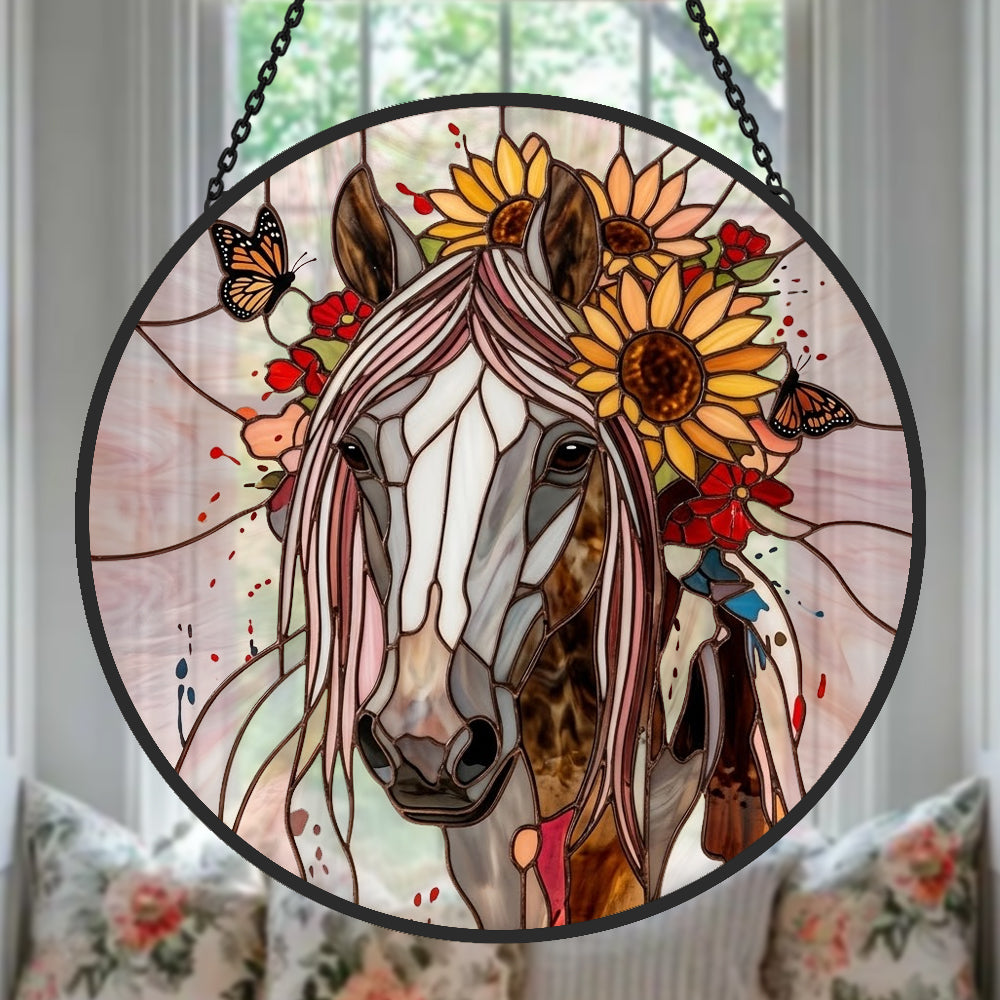 Sunflower stallion with butterflies stained glass suncatcher window hanging, suitable for home and garden decoration