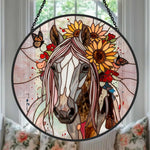 Sunflower stallion with butterflies stained glass suncatcher window hanging, suitable for home and garden decoration