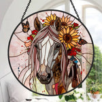 Sunflower stallion with butterflies stained glass suncatcher window hanging, suitable for home and garden decoration