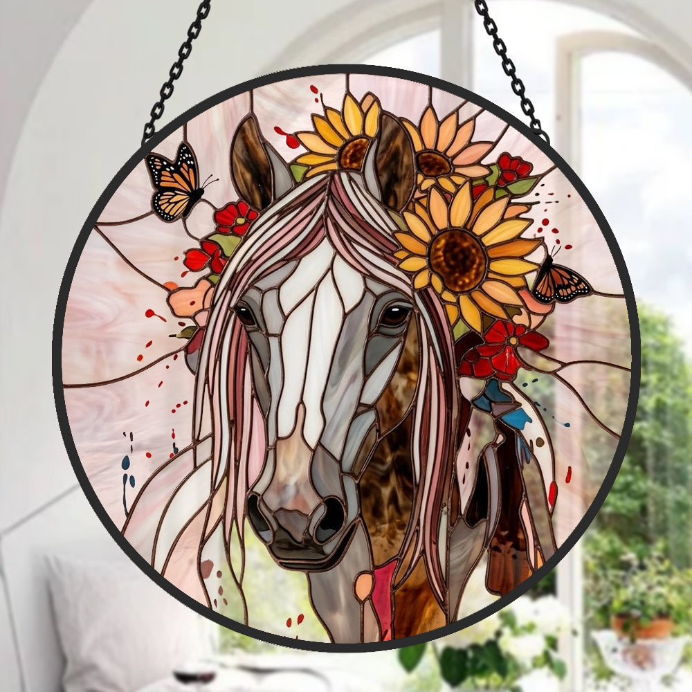 Sunflower stallion with butterflies stained glass suncatcher window hanging, suitable for home and garden decoration