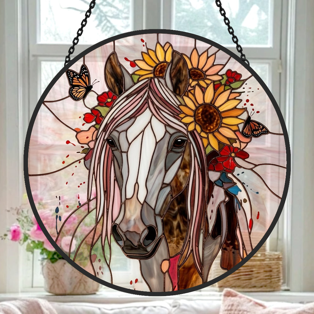 Sunflower stallion with butterflies stained glass suncatcher window hanging, suitable for home and garden decoration