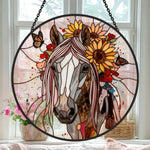 Sunflower stallion with butterflies stained glass suncatcher window hanging, suitable for home and garden decoration