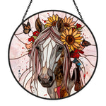 Sunflower stallion with butterflies stained glass suncatcher window hanging, suitable for home and garden decoration