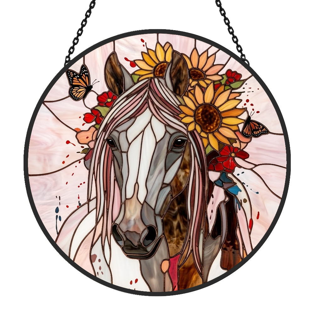 Sunflower stallion with butterflies stained glass suncatcher window hanging, suitable for home and garden decoration