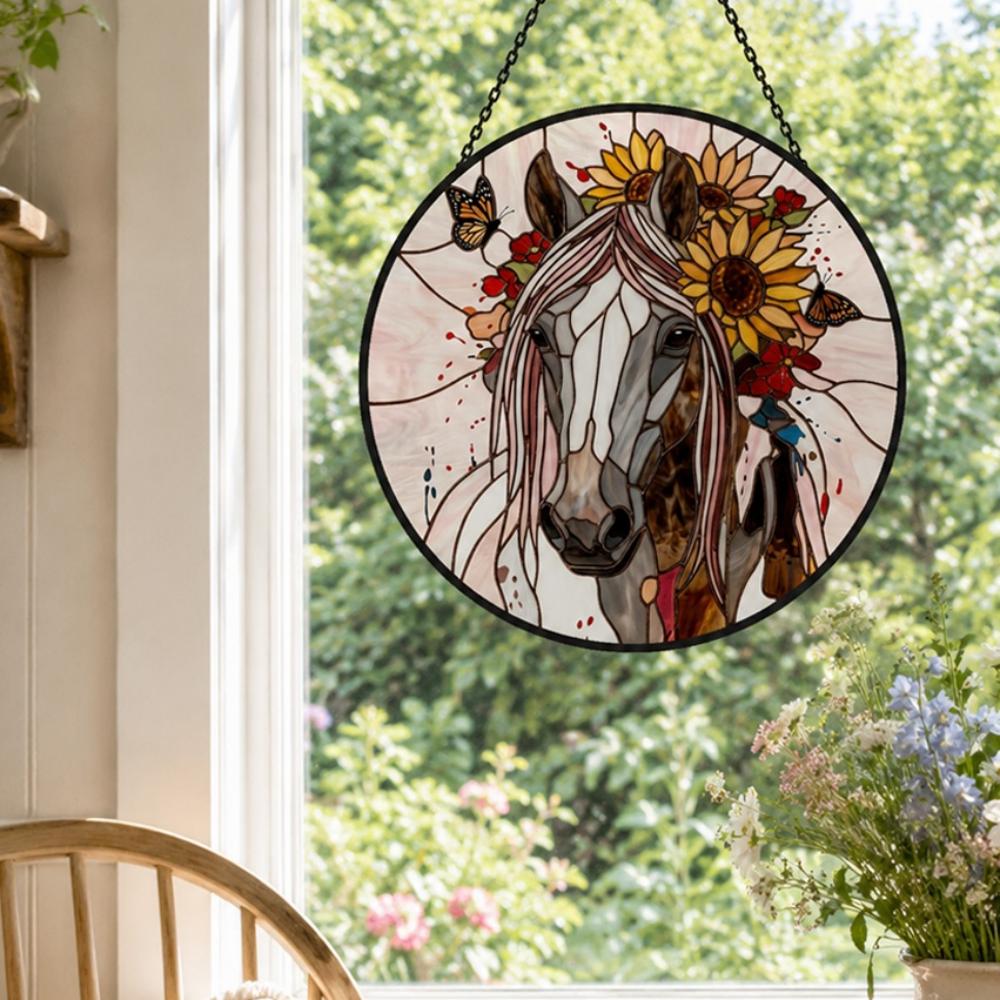Sunflower stallion with butterflies stained glass suncatcher window hanging, suitable for home and garden decoration