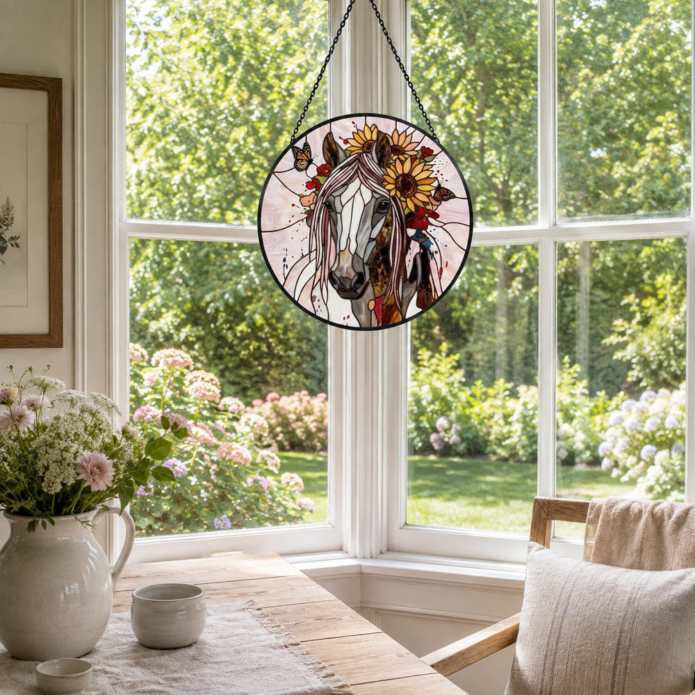 Sunflower stallion with butterflies stained glass suncatcher window hanging, suitable for home and garden decoration
