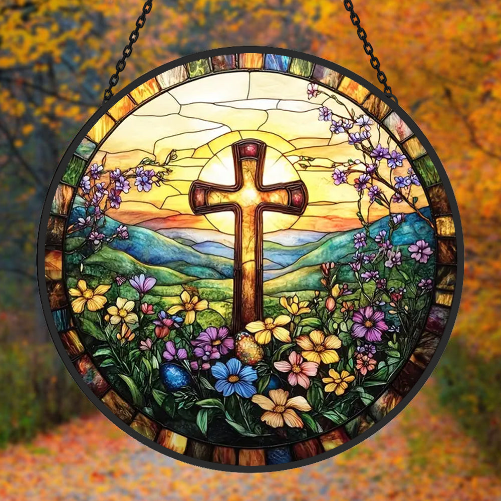 Sunrise cross and wildflowers stained glass suncatcher window hanging, suitable for home and garden decoration