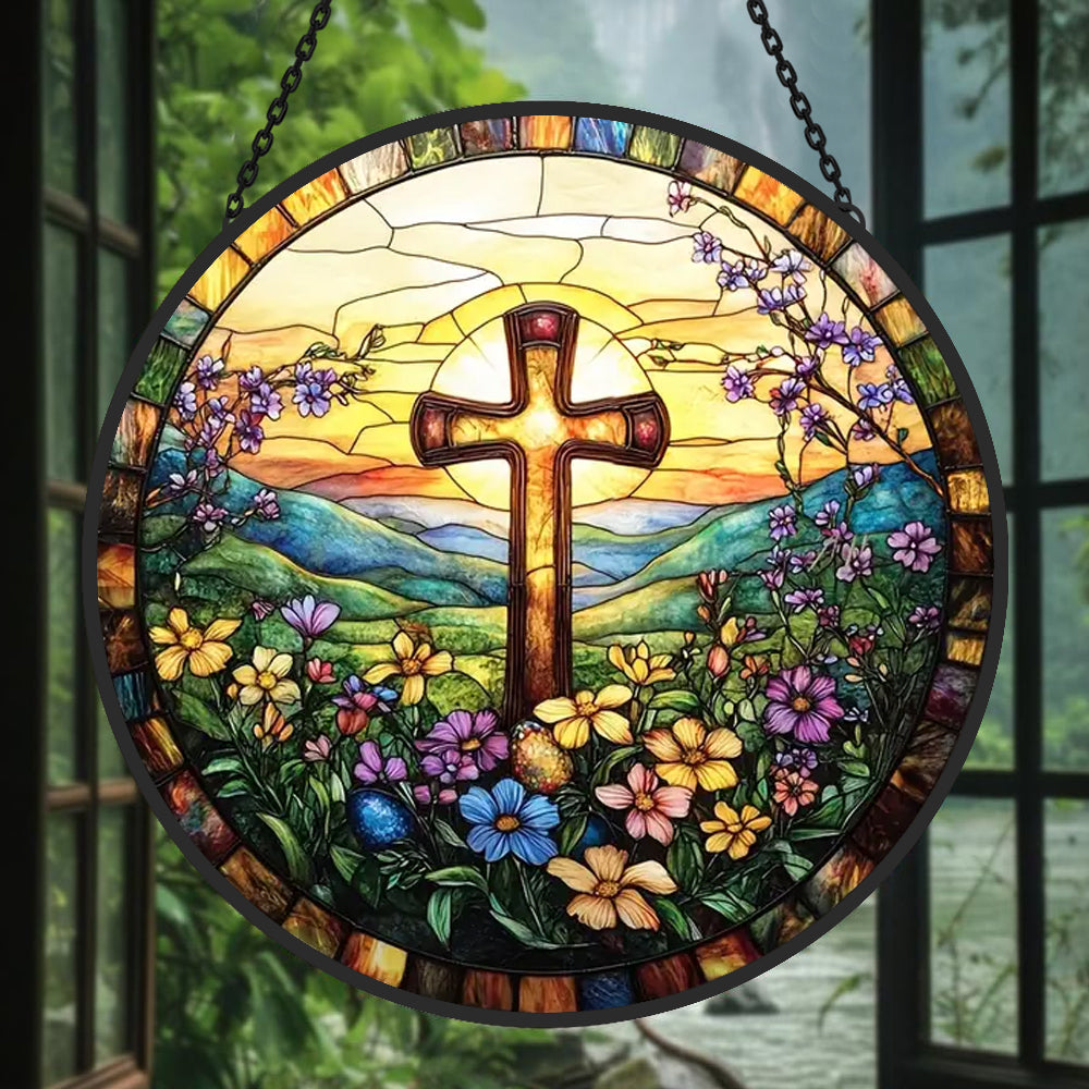 Sunrise cross and wildflowers stained glass suncatcher window hanging, suitable for home and garden decoration