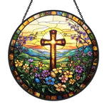 Sunrise cross and wildflowers stained glass suncatcher window hanging, suitable for home and garden decoration