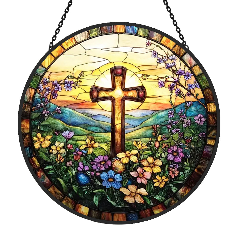Sunrise cross and wildflowers stained glass suncatcher window hanging, suitable for home and garden decoration