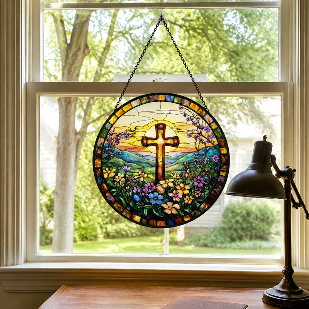 Sunrise cross and wildflowers stained glass suncatcher window hanging, suitable for home and garden decoration
