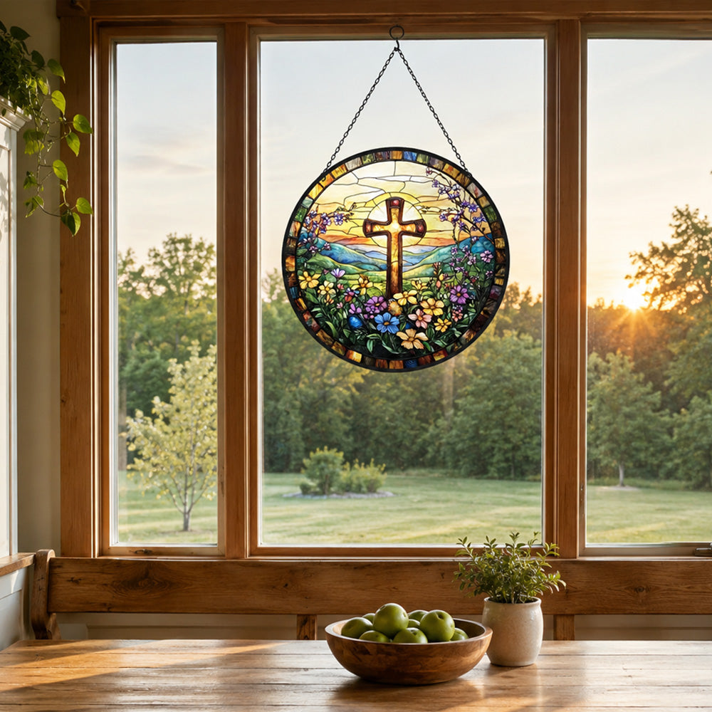 Sunrise cross and wildflowers stained glass suncatcher window hanging, suitable for home and garden decoration