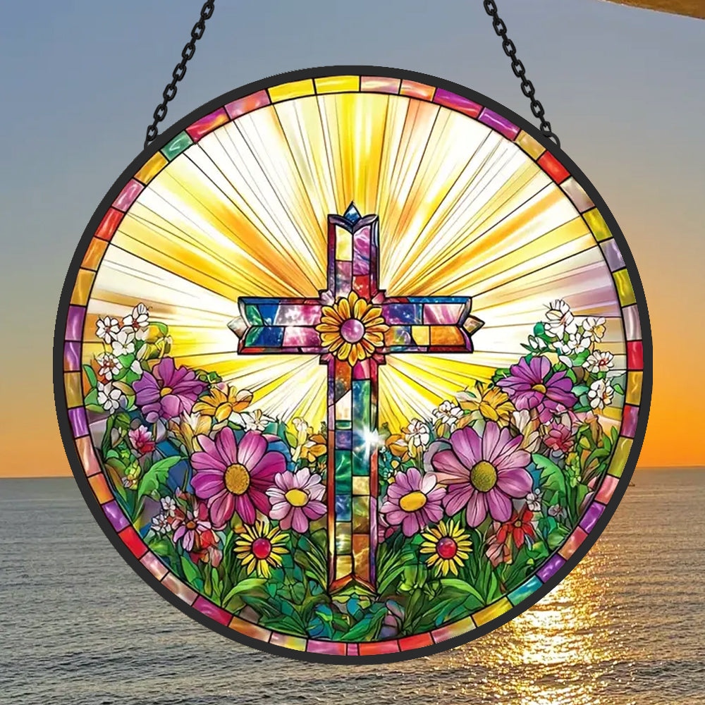 Sunrise cross stained glass suncatcher window hanging, suitable for home and garden decoration
