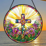 Sunrise cross stained glass suncatcher window hanging, suitable for home and garden decoration
