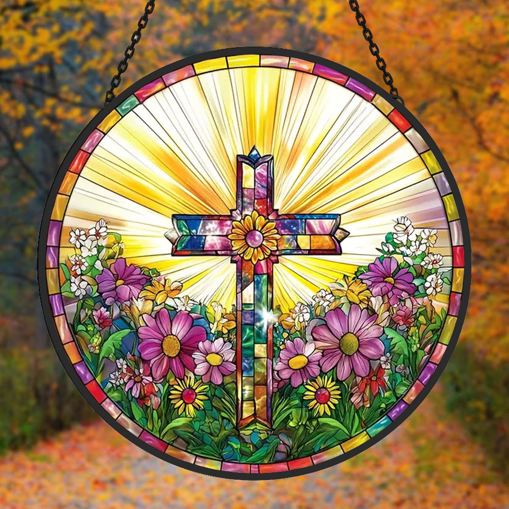 Sunrise cross stained glass suncatcher window hanging, suitable for home and garden decoration