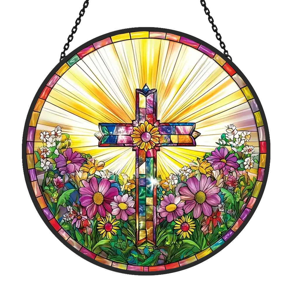 Sunrise cross stained glass suncatcher window hanging, suitable for home and garden decoration