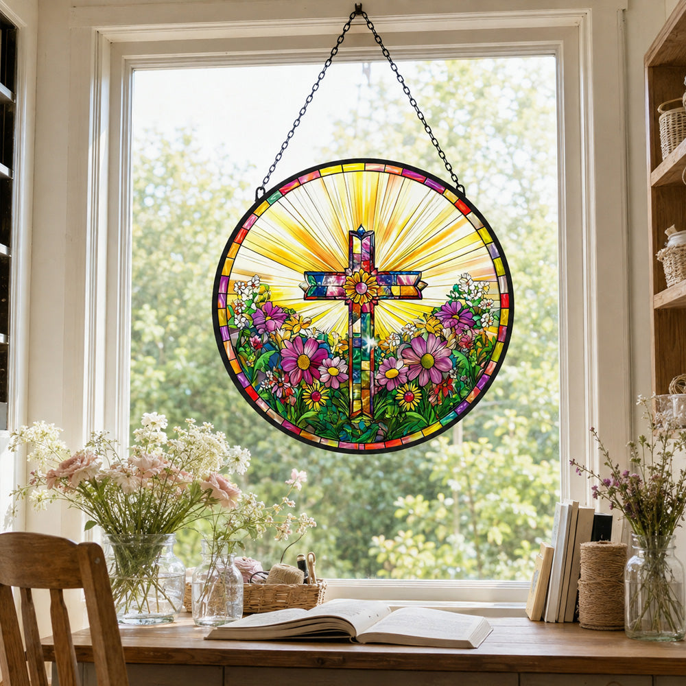 Sunrise cross stained glass suncatcher window hanging, suitable for home and garden decoration