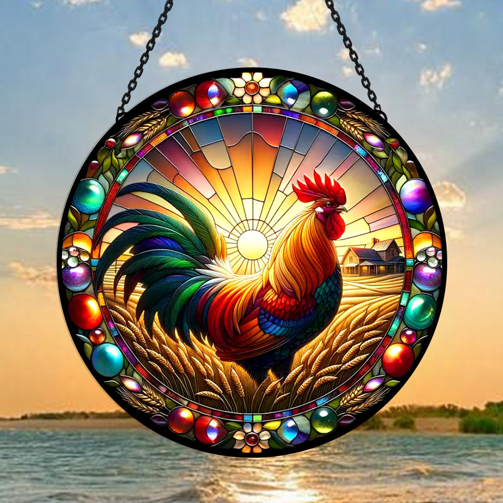 Sunrise wheatfield rooster stained glass suncatcher window hanging, suitable for home and garden decoration