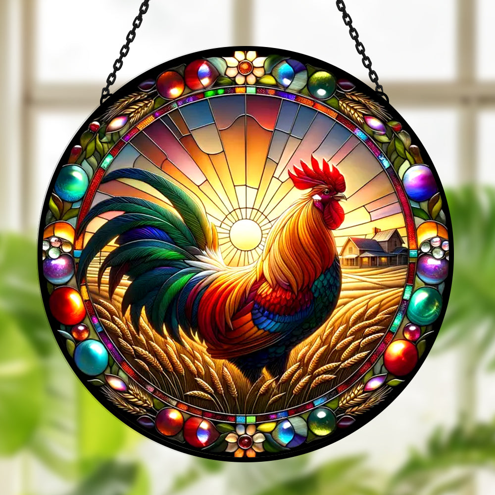 Sunrise wheatfield rooster stained glass suncatcher window hanging, suitable for home and garden decoration
