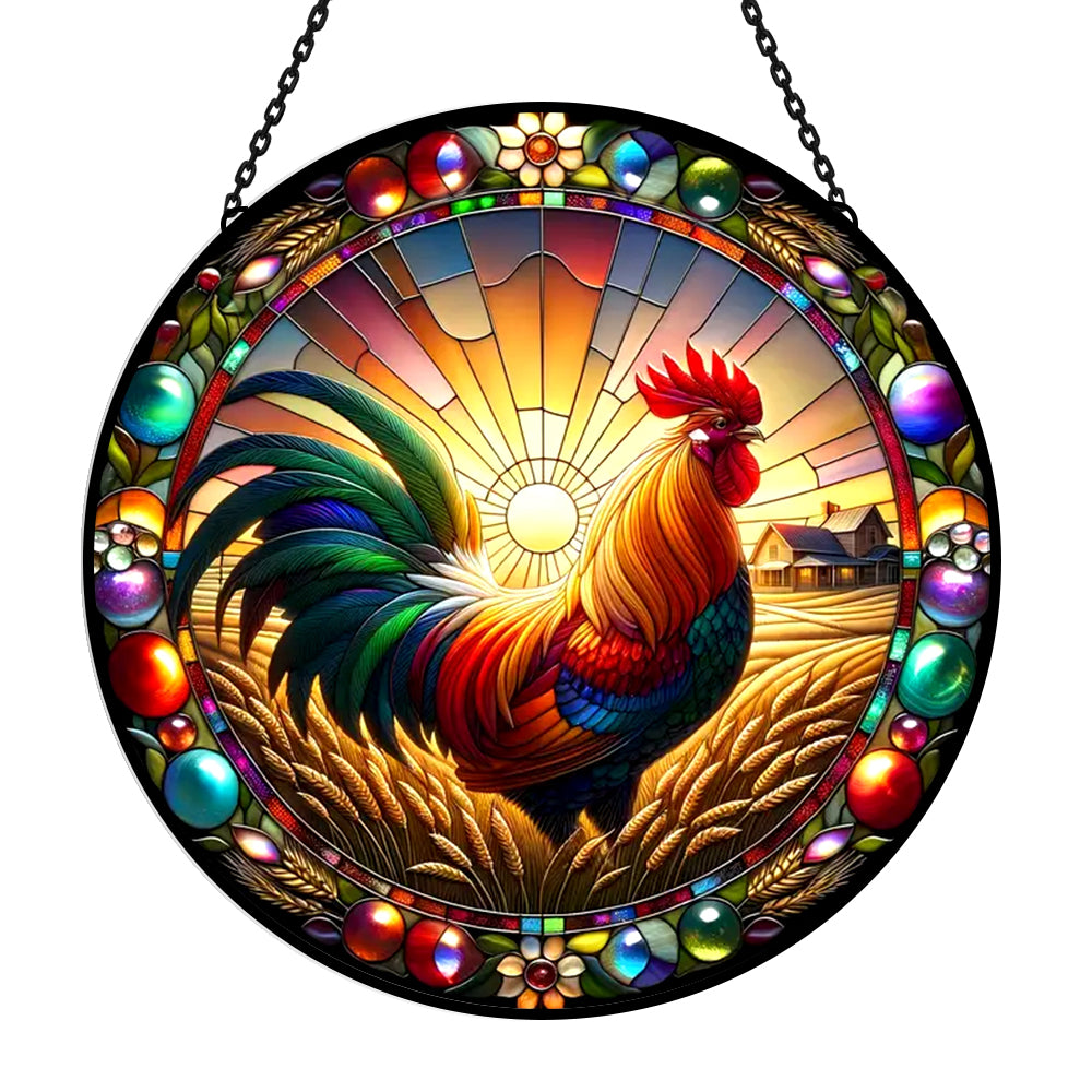Sunrise wheatfield rooster stained glass suncatcher window hanging, suitable for home and garden decoration