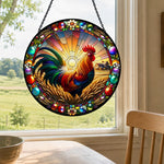 Sunrise wheatfield rooster stained glass suncatcher window hanging, suitable for home and garden decoration
