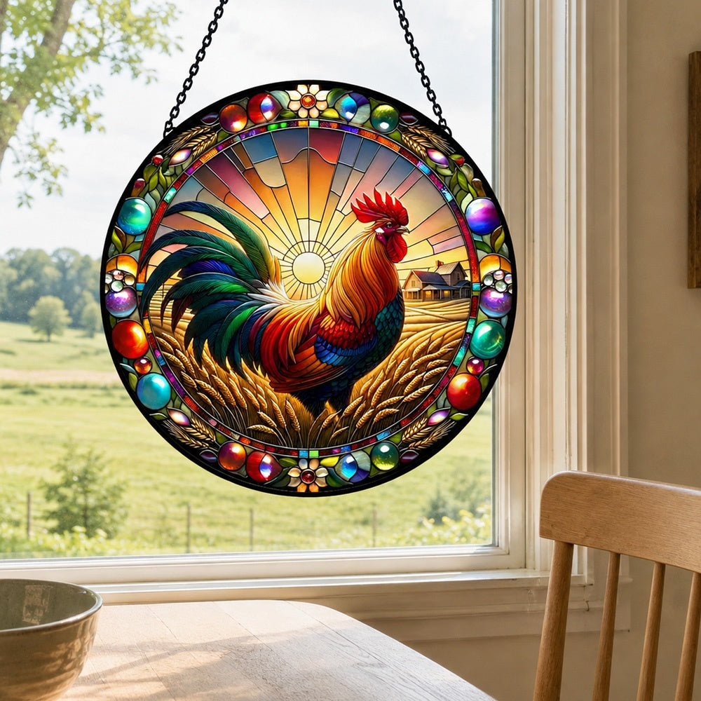 Sunrise wheatfield rooster stained glass suncatcher window hanging, suitable for home and garden decoration
