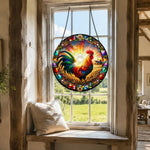 Sunrise wheatfield rooster stained glass suncatcher window hanging, suitable for home and garden decoration