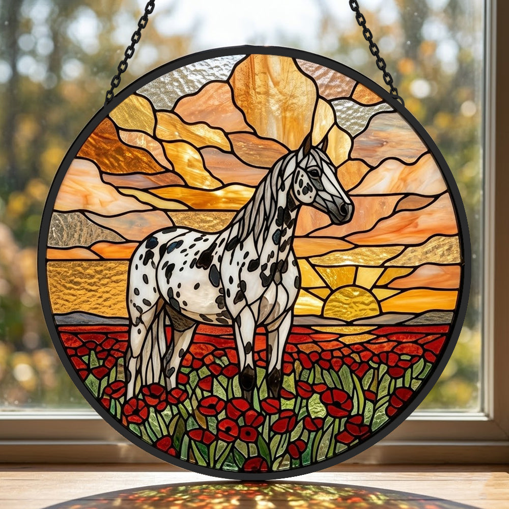 sunset appaloosa horse stained glass suncatcher window hanging, suitable for home and garden decoration.