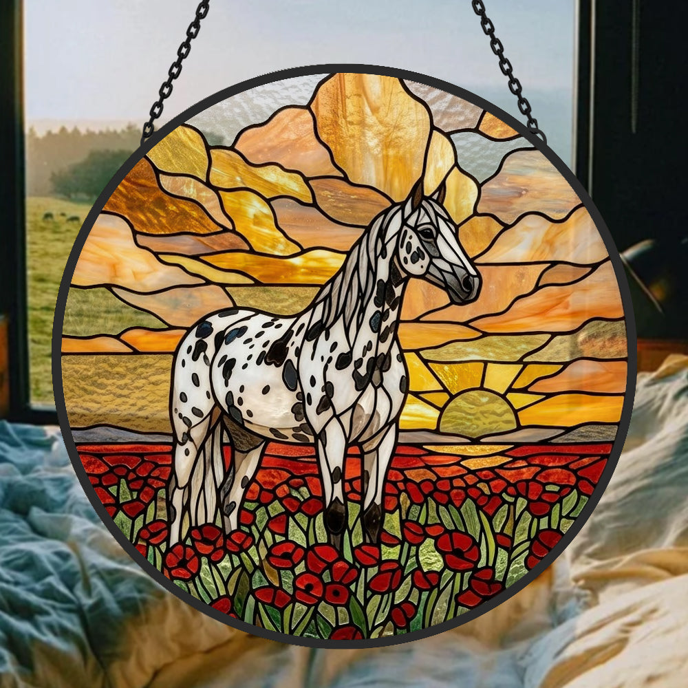 sunset appaloosa horse stained glass suncatcher window hanging, suitable for home and garden decoration.
