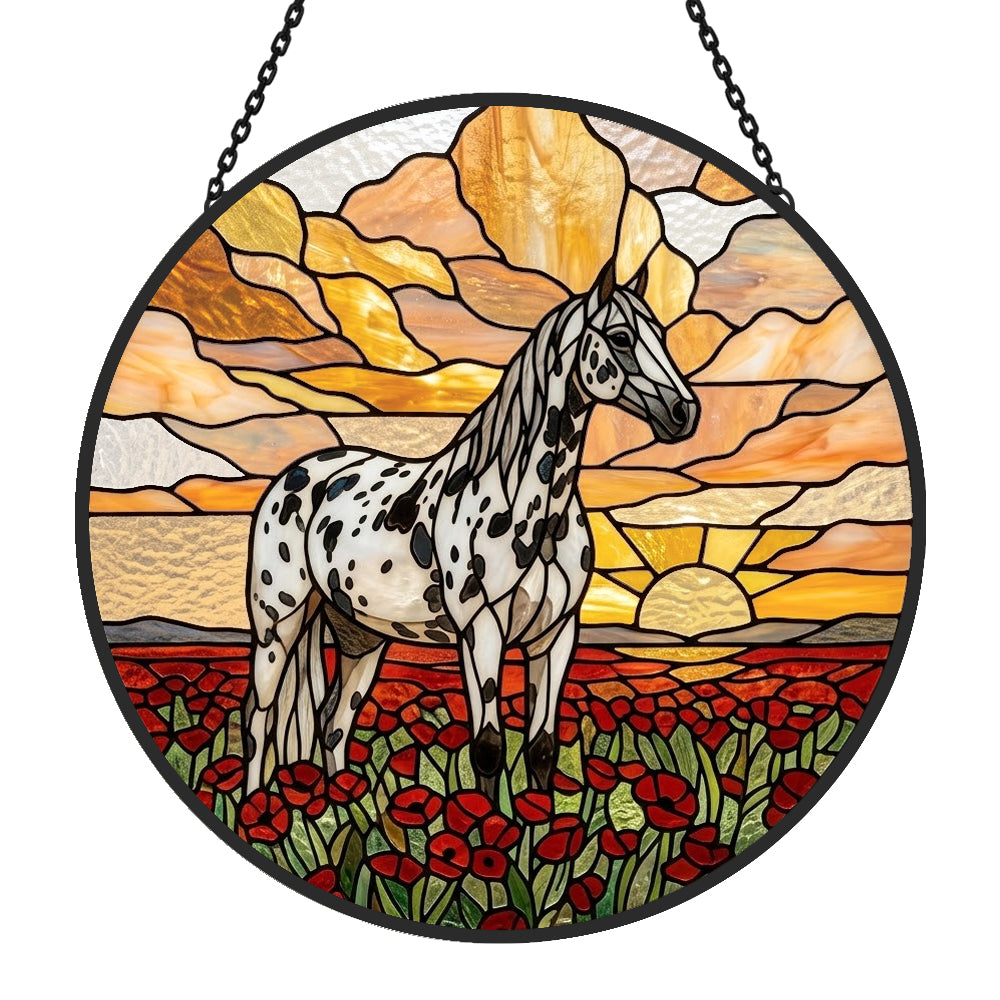 sunset appaloosa horse stained glass suncatcher window hanging, suitable for home and garden decoration.