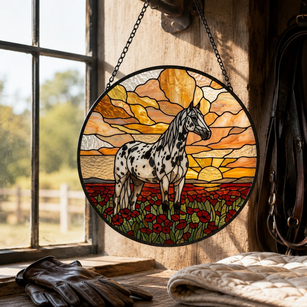 Sunset appaloosa horse stained glass suncatcher window hanging, suitable for home and garden decoration 