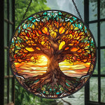 Sunset tree of life stained glass suncatcher window hanging, suitable for home and garden decoration