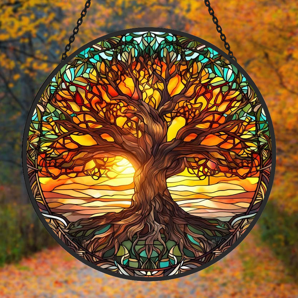 Sunset tree of life stained glass suncatcher window hanging, suitable for home and garden decoration
