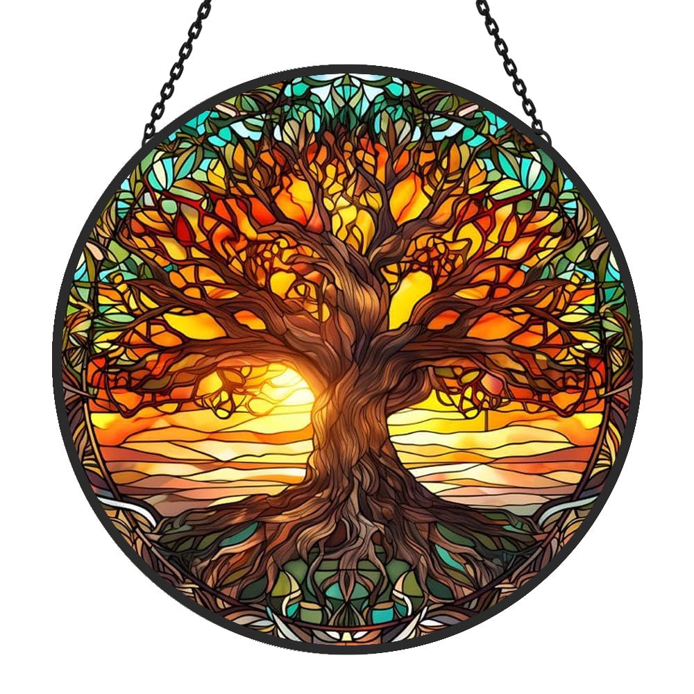 Sunset tree of life stained glass suncatcher window hanging, suitable for home and garden decoration