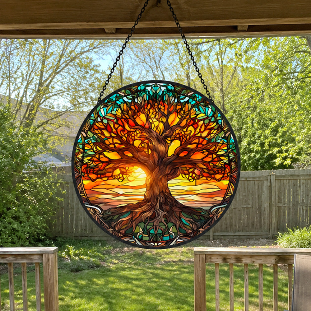 Sunset tree of life stained glass suncatcher window hanging, suitable for home and garden decoration